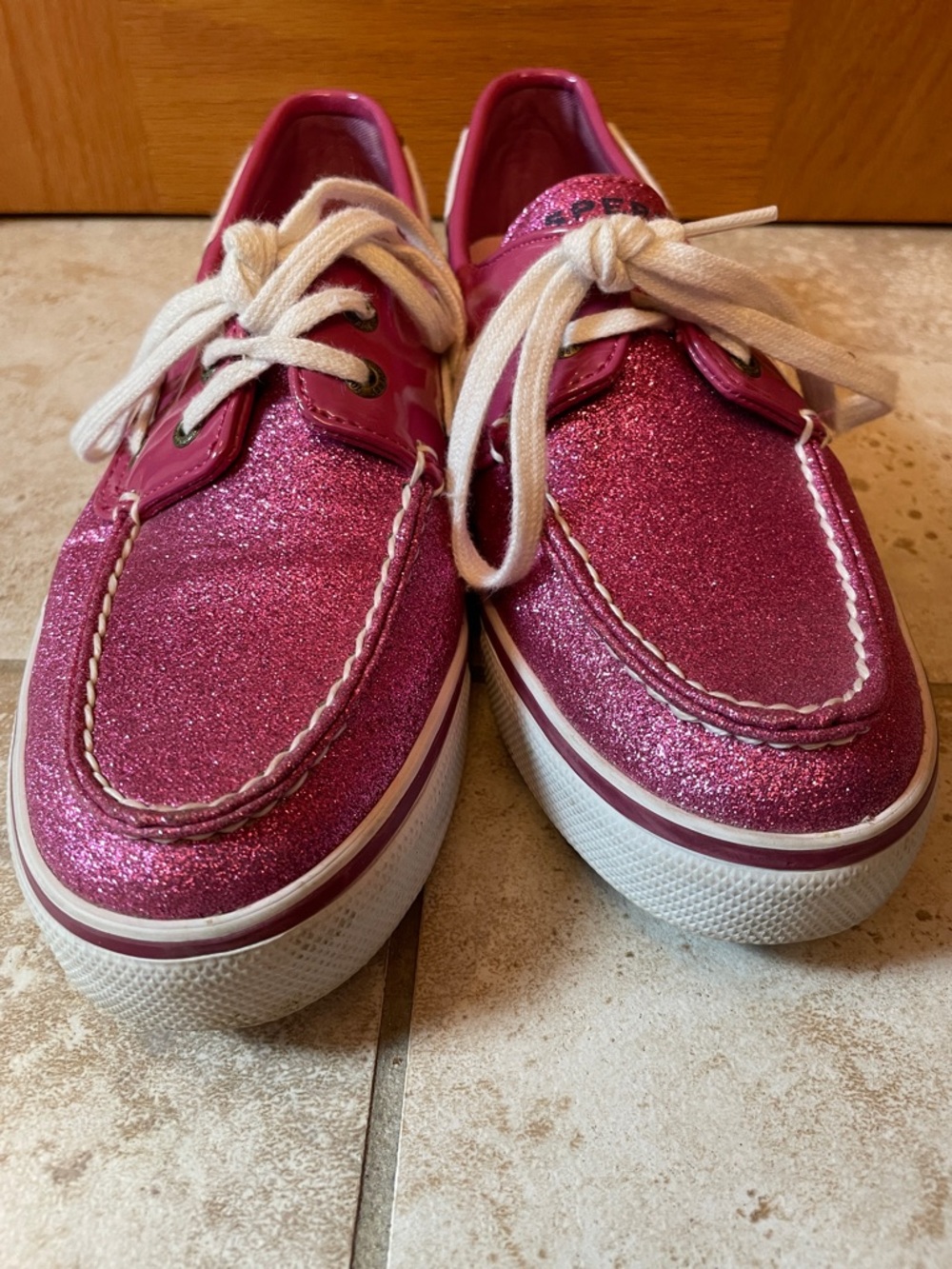 Sperry Women's Magenta Glitter Boat Shoes with White Laces - Picture 2 of 5
